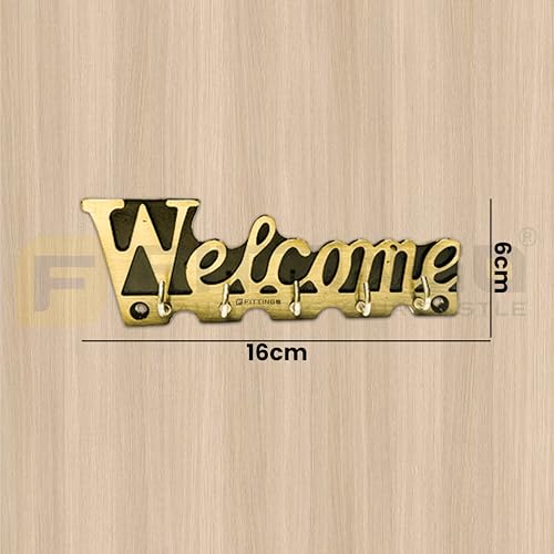 Image of Welcome Key Holder for Wall /Zinc Metal Key Stand with 5 Hooks /Decorative Wall Key Hanger for Home, Entryway & Office /Vintage Style Key Organizer - Brass Antique Finish-| 3 Years Warranty |