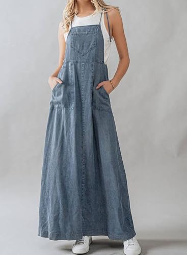 chouyatou Women's 2025 Summer Spaghetti Strap Maxi Long Denim Dress Swing Flowy Jean Jumper Overall Dress2