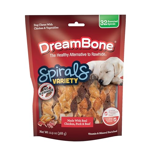 DreamBone Spirals Variety Pack Chews for Dogs Treat Your Dog to Easy-to-Digest Rawhide-Free Chews Made with Chicken Beef or Pork 32 Count