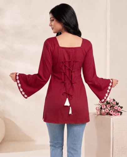Image of MAHIRA'S Comfort Women's Short Kurti, Rayon Tunic Top with 3 /4 Embroidered Designer Sleeves | Soft Breathable Fabric | Office & Casual Kurti for Jeans, Leggings & Trousers