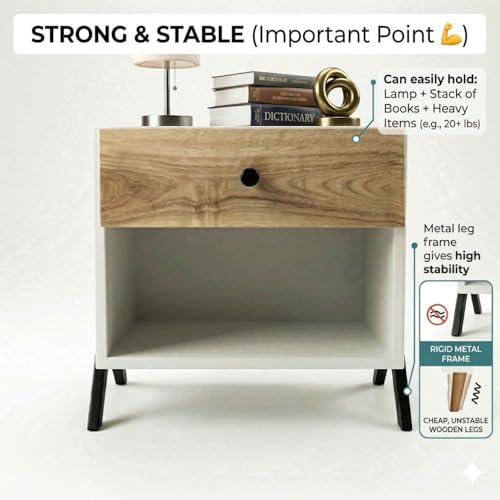 Image of FFO Modern Bedside Table with Drawer & Open Storage | Wooden Finish Nightstand | Side Table for Bedroom | Engineered Wood with Metal Legs | 60x40x54 cm | Oak & White