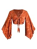 BEAUDRM Women's Boho Tops Wrap Western Country Concert 70s Outfits Tie Front Long Bell Sleeve Tops Hippie Disco Clothes Brown Medium