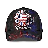 3D Nurse Themed Custom Name Text Cap with American Flag Daisy Flower Heartbeat Stethoscope