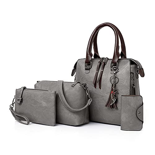 Handbags for Women, JOSEKO Lady Large Capacity Tote Bag Tassel PU Leather Shoulder Bags Satchel 4pcs Purse Set Gift Grey