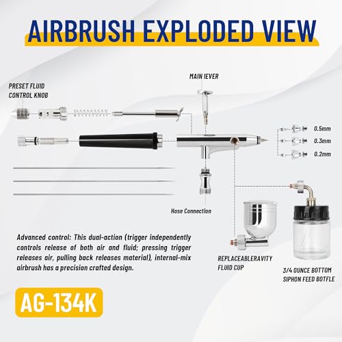 Fengda Precision Double Action Side Feed Airbrush FE-134K with Adapter, Airbrush Hose, Nozzles and Needles for Painting, Cake Decorating, Tattoo, Models Art