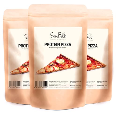 Protein Pizza Backmischung - 3er Pack - Lower Carb & Glutenfrei - Plus extra Mehl zum Ausrollen - Keto-Pizza-Alternative ohne Soja und Getreide - SlimBack