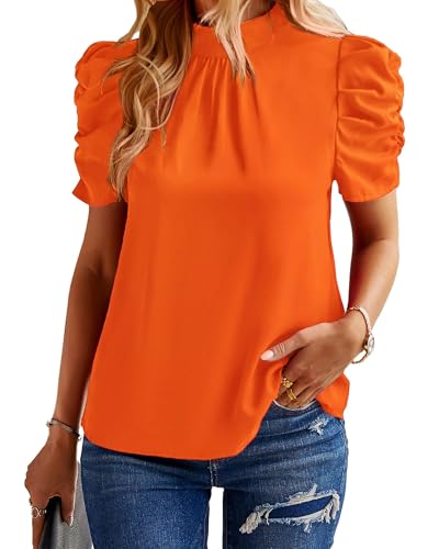 BTFBM Womens Tops Dressy Casual Mock Neck Puff Short Sleeve Shirts Back Tie Business Work Blouses Summer Fall 2025