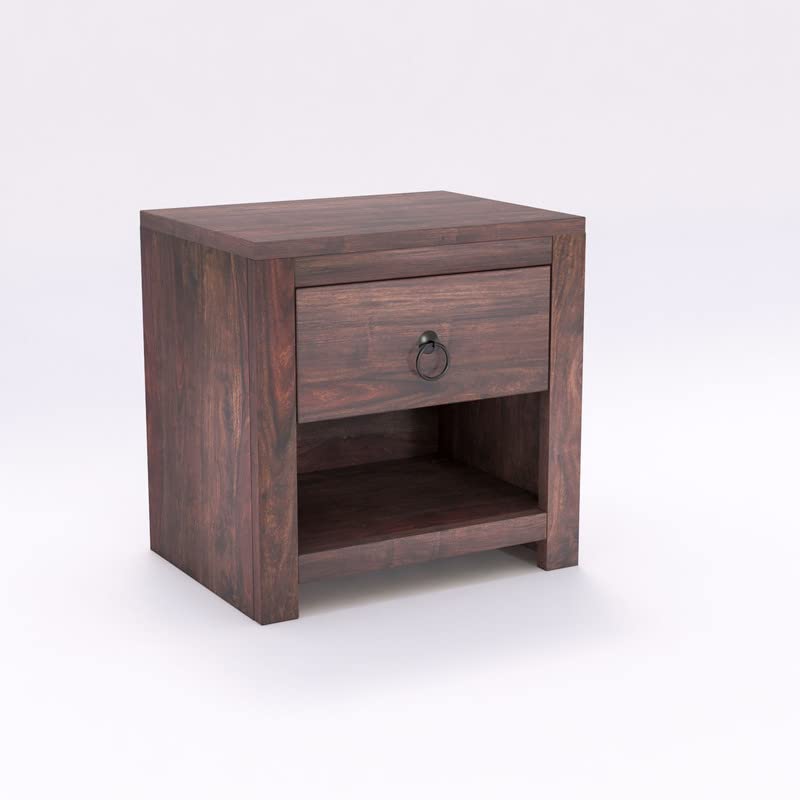 Image of Solid Wood Sheesham End Table with 1 Drawer and 1 Shelf Modern Design - Walnut Finish