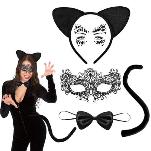JrnSvp Katzenkostüm Damen Katzenohren Haarreif Katze Cat Ears Katzenschwanz Fliege Halskette Maske Gesichtstattoo für Katze Kostüm Damen Halloween Kostüm Fasching Karneval Kostüm