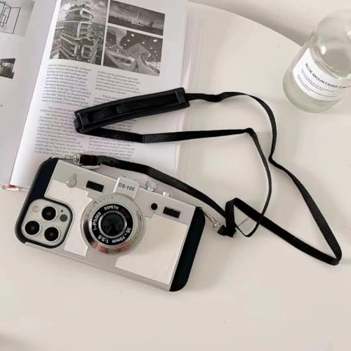 Image of Retro Camera Design Phone Case with Neck Strap for iPhone 13 Pro, Vintage Style Protective Cover, Grey (iPhone 16 pro)