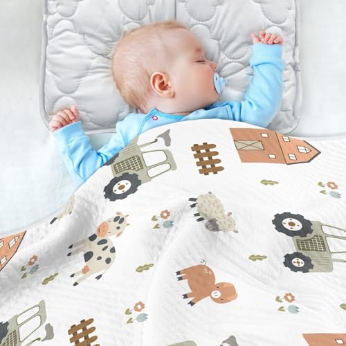 Image of Farm Tractor House and Pets Baby Swaddle Blanket for Boys and Girls, Muslin Baby Receiving Swaddle Blanket, Soft Cotton Nursery Swaddling Blankets for Newborn Toddler Infant