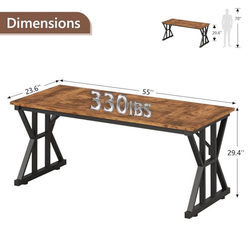 Image of 55 inch Large Computer Desk with Thickened Frame for Home Office, Living Room | Modern Simple Executive Desk, Larger Gaming Desk with X-Shaped ReInchforcement, Rustic Brown