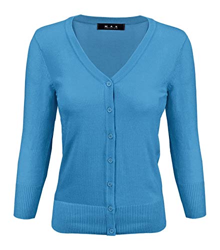 YEMAK Women's Knit Cardigan Sweater â€“ 3/4 Sleeve V-Neck Basic Classic Casual Button Down Soft Lightweight Knitted Top CO078-TQS-1X Turquoise