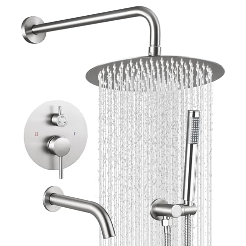 Juego de grifería para ducha lluvia de 10 pulgadas con salida para bañera, acabado niquel cepillado | Cartucho antiscald, tecnología Air Tech que aumenta la presión un 50 %, divisor de 3 funciones, conexión NPT 1/2" miniatura 1