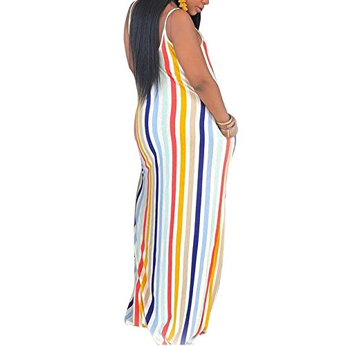 Image of BFFBABY Womens Summer Suspender Maxi Dress Plus Size Striped Printed Sleeveless with Pockets and Belt
