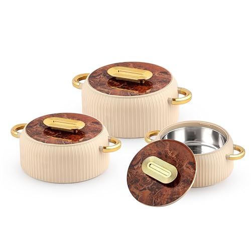 Image of CELLO Castella Insulated Steel Casserole Set of 3 Pcs (1000ml, 1000ml, 1500ml) Gold Beige | Airtight Lid Hot Pot Case Keeps Food Hot & Warm for Long Hours, Casserole Set for Roti Chapati Rice Biryani