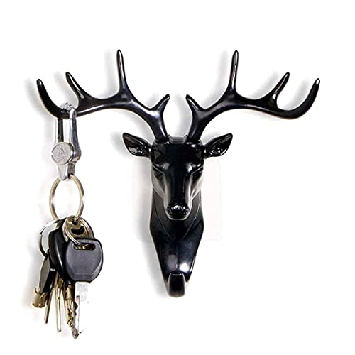 Image of Deer Head Hook, Self Adhesive Wall Door Hook Hanger Bag Keys Sticky Holder Wall Mount (Black), Plastic, Pack of 1 (18.5 cm x 16.5 cm)