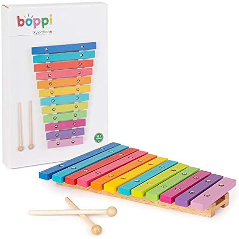 boppi Natural Wooden Musical Xylophone Toy Instrument for Toddlers and Baby with 2 Wood Mallets and 12 Rainbow Coloured Keys for Kids and Children 32CM Long aged 18 months and Up Cover