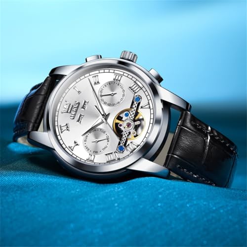 Image of OLEVS Mechanical Dress Mens Watches Square Brown Leather Strap Moon Phase Skeleton Tourbillion Day Date Waterproof Luminous Men's Wrist Watches