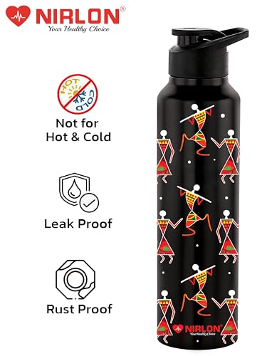 Image of NIRLON Classic Flip UV Printed Single Wall Stainless Steel Sipper Cap Water Bottle 1000ml |Fridge Water Bottle| Office Bottle|Gym Bottle|School Bottle|Treking Bottle|Travel Bottle (Warli Art Black)