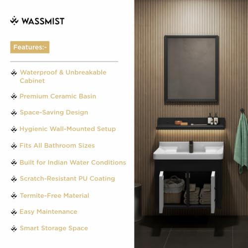 Image of WASSMIST Bathroom Vanity Washbasin Cabinet with Mirror & Shelf | Wall Mounted Wash Basin with Cabinet Full Set | Waterproof & Unbreakable (Black & Silver)