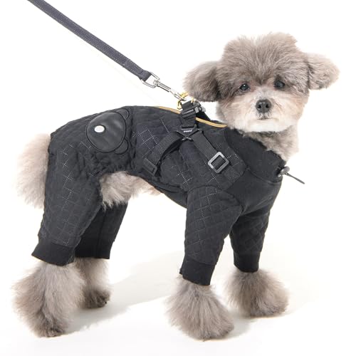 Puppia Quilo Warmer süßer Winteroverall mit integriertem Geschirr für kleine und mittelgroße Hunde, Schwarz, Größe S
