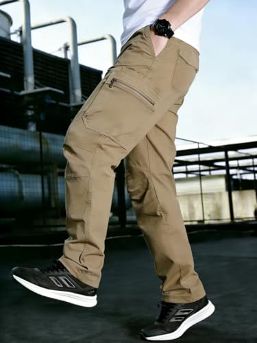 Image of Men's Pure Cotton Cargo Pants | Regular Fit Multi-Pocket Utility Trousers for Men | Solid Cargo Bottom Wear with Zip Pockets | Comfortable Casual Outdoor Wear