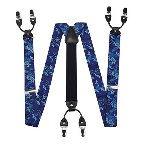 Image of GUSLESON Adjustable Plaid Floral 6 Clips Y Shape Suspenders Pre-tied Bow Tie and Pocket Square Set with Gift Box