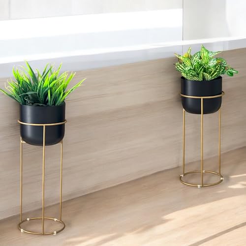 Image of Decorative Black Planters with Gold Stands for Indoor Plants | Metal Planters for Living Room Bedroom Balcony Home and Office | Set of 2