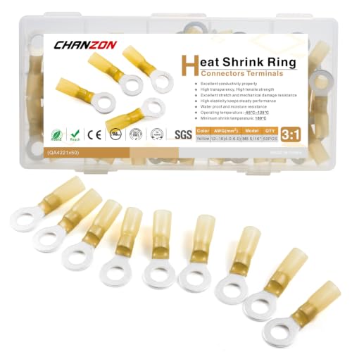 Chanzon 50pcs M8 Heat Shrink Ring Terminal 5/16" 22-16AWG Yellow
