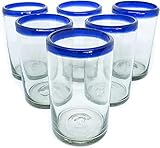 Mexican Blown Glass Drinking Glasses Cobalt Blue Rim (Set of 6)