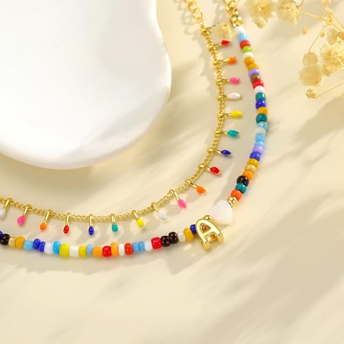 Image of Turandoss Colorful Beaded Initial Bracelets for Women, Trendy Boho Layered 14K-Gold-Plated Letter A-Z Bracelet Cute Summer Jewrly Birthday Christmas Gifts for Girls