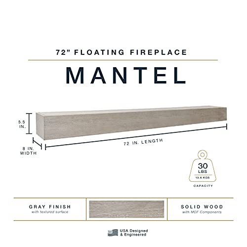 Image of MCS 72-Inch Mantel, Master & Co Warm Gray Finish Solid Wood Floating Fireplace Mantel, Long Floating Shelf for Livingroom with Wood Cleat Hanging System, Photo and Home Decor Display Shelf