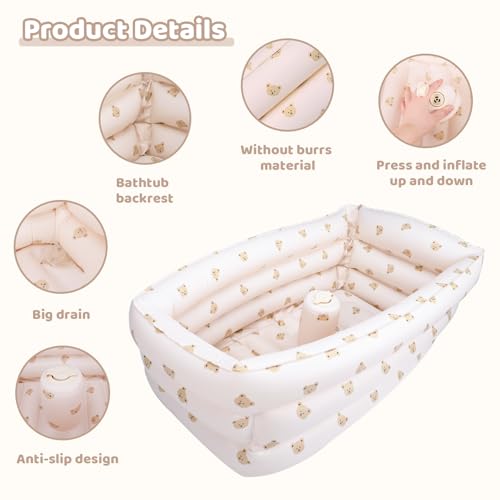 Image of AirSwim Inflatable Baby Bathtub with Built-in Air Pump, Portable Bathtub for Babies 0-5 Years Old, Small Ball Pool, Foldable Bath Tub for Travel, 30.7 x 14.6 Inch (Bear Head)