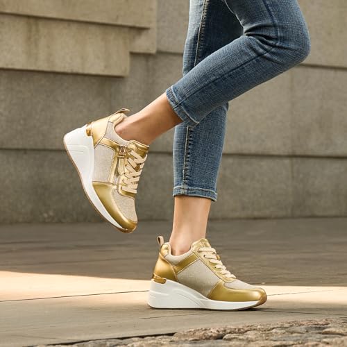 Viscozzy High Heel Wedge Sneakers for Women Dressy Platform Hidden Wedge Tennis Shoes Lightweight Fashion Heeled Sneakers Lace Up Women W139-SZW36-GOLD-7
