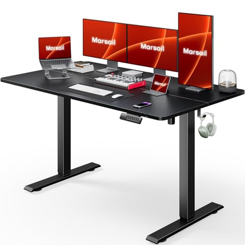 Image of Marsail Standing Office Desk,Adjustable Heights,Stand Up Desk,55x28 Inches Desktop Sit Stand Home Office Gaming Computer Desk with 4 Memory Presets,Headphone Hook,Cable Organizer,Black.