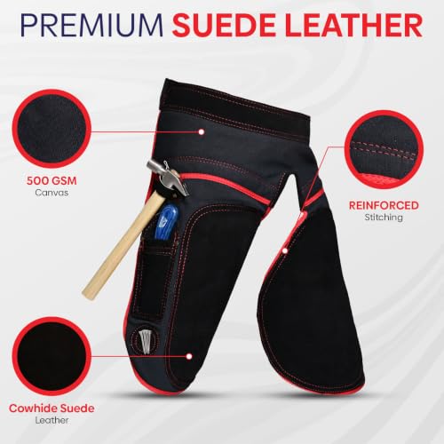 Image of Equine Care Farrier Apron Chaps - 2mm Cowhide Suede Leather, 500 GSM Canvas, 23 inch Length, Adjustable Waist (28-52 inch), Ambidextrous Knife Pockets, Magnets & Loops - Horseshoeing & Hoof Trimming.