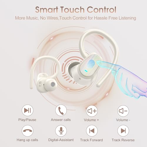 Image of Wireless Earbuds Bluetooth 5.4, 50H Playtime Sport Earphones with Earhooks, HiFi Stereo Bluetooth Hearphones with 4 ENC Noise Cancelling Mic, IPX7 Waterproof Over the Ear Buds for Gym /Running, White