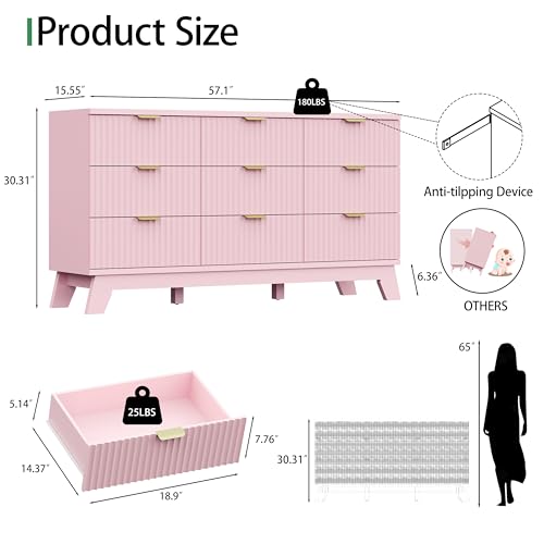Image of Xixini Fluted Dresser for Bedroom with 9 Drawers, 57 inch Wide Modern Chest of Drawers with Metal Handle, Wooden Dresser TV Stand, Wood Closet Clothes Storage Organizer for Living Room, Hallway, Pink