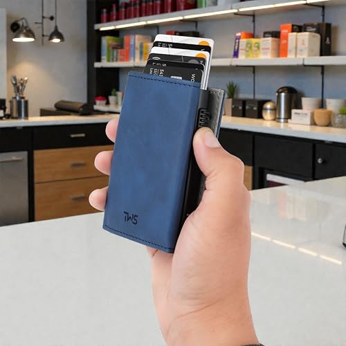 Image of The Wallet Store SlideX Neo RFID-Protected Pop-Up Card Holder Wallet for Men | Minimalist Leather Smart Wallet with Quick Access Ejector | Compact Dual-Color Card Case | Holds 6-10 Cards (Blue)