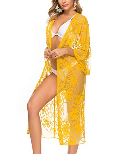 Women's Lace Cardigan Floral Crochet Sheer Beach Cover Ups Long Kimono Bikini Bathing Suit4