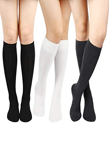 SATINIOR Chaussettes Hautes en Coton Casual pour Femmes - 3 Paires - Noir, Gris Foncé, Blanc - Taille Unique