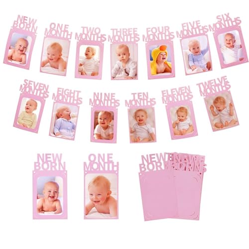 Image of Pop The Party Pink First Birthday Photo Banner | Monthly Photo Banner (12 Months) for Baby First Year | 1st Birthday Decoration for Girls | Cute Photo Display Garland (cardstock)