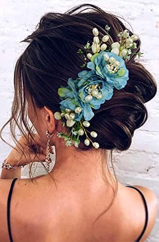 Image of Hair Flare Comb Slide for Women, Girls Artificial Flower Hair Accessories, Bridal Hair Pin for Bun, 2215 - Blue