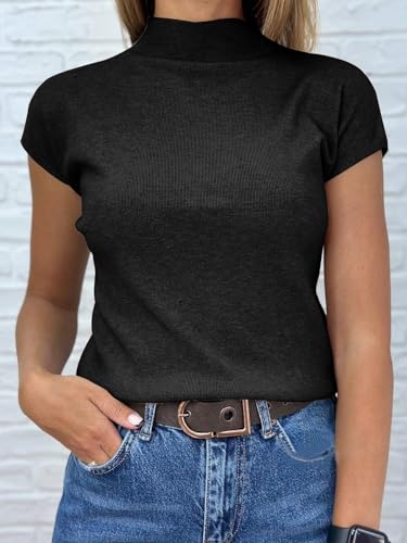 Saodimallsu Womens Short Sleeve Sweater Mock Neck Summer Casual Basic Knit Slim Fitted Pullover Tops Shirt2