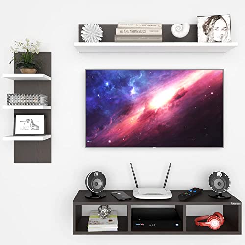 Image of ESTANTERIA Tv Unit Wall Mounted Engineered Wood TV Unit, TV Cabinet for Wall, TV Stand for Wall, TV Stand Unit Wall Shelf for Living Room, Set Top Box Wall Display Rack Stand (Wenge /White)