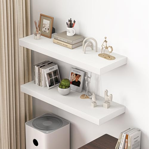 Image of Dreamland 40 inch Floating Shelves for Wall, 12 inch Deep Thicker White Floating Shelves, Wall-Mounted Shelves for Bedroom, Living Room, Kitchen, Bathroom - Set of 2