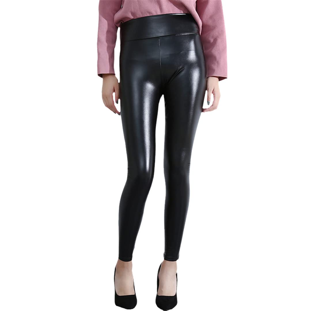 Damskie legginsy ze skóry PU Czarne spodnie skórzane Damskie legginsy z wysokim stanem Wąskie, obcisłe spodnie ołówkowe (polar o wysokiej talii L)