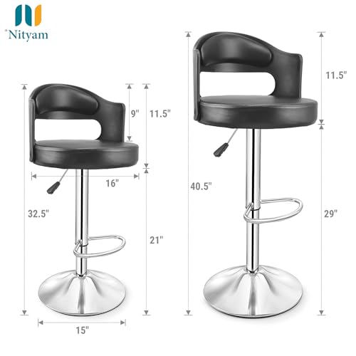 Image of Nityam Modern Style Bar Stool Chair for Kitchen Home Office Counter Shop, Adjustable Height with 360 Degree Rotate Swing, U Shape Back Rest, Comfort & Soft Seat, (Color-Black, Set of 2)