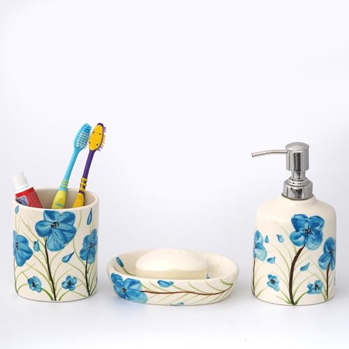 Image of Premium Ceramic Bathroom Accessories Set of 3 | Luxury Bath Set with 300ml Soap Dispenser, Toothbrush Holder & Soap Dish | Hand-Painted Decor Items | White & Blue Floral Pattern